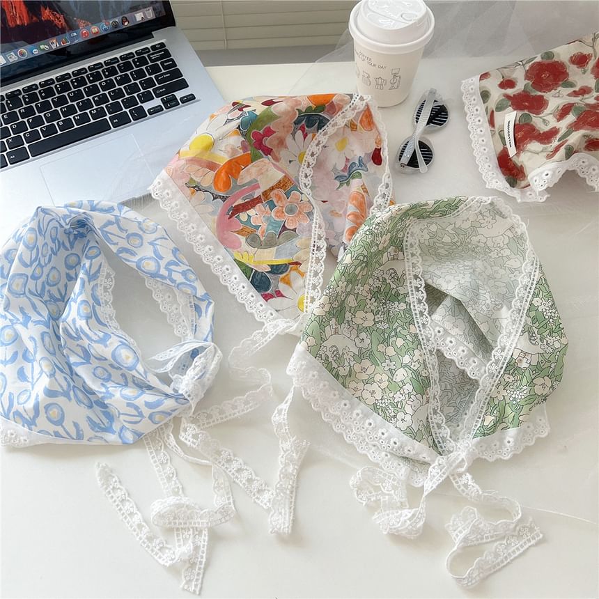 Print Lace Trim Headkerchief