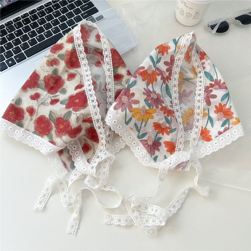 Print Lace Trim Headkerchief