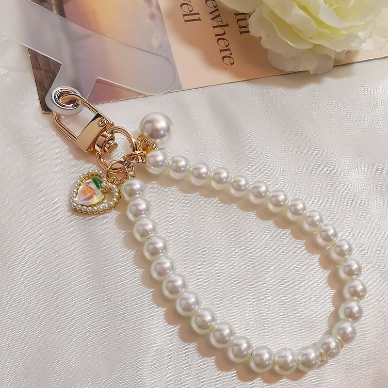 Peach Faux Pearl Phone Strap with Lanyard Pad