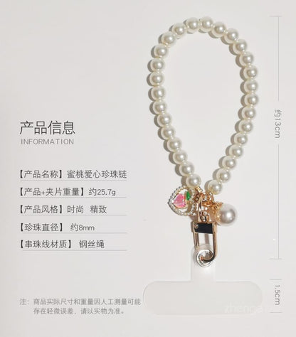 Peach Faux Pearl Phone Strap with Lanyard Pad