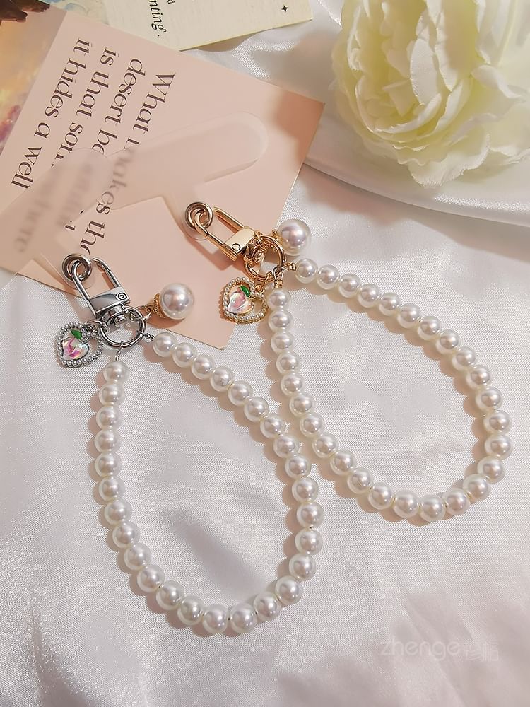 Peach Faux Pearl Phone Strap with Lanyard Pad