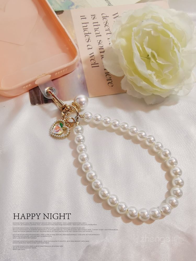 Peach Faux Pearl Phone Strap with Lanyard Pad