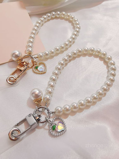 Peach Faux Pearl Phone Strap with Lanyard Pad