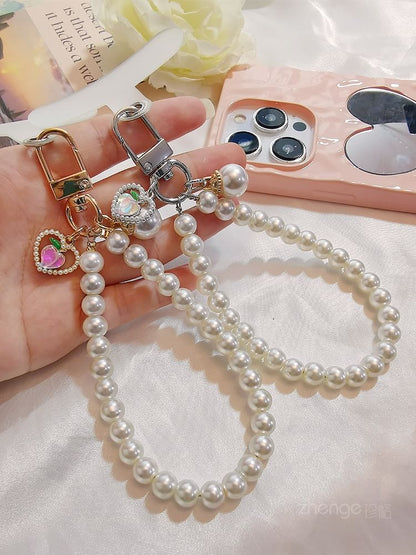 Peach Faux Pearl Phone Strap with Lanyard Pad