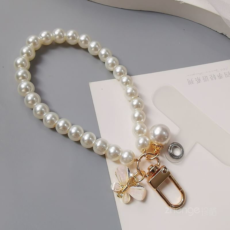 Faux Pearl Phone Strap with Lanyard Pad