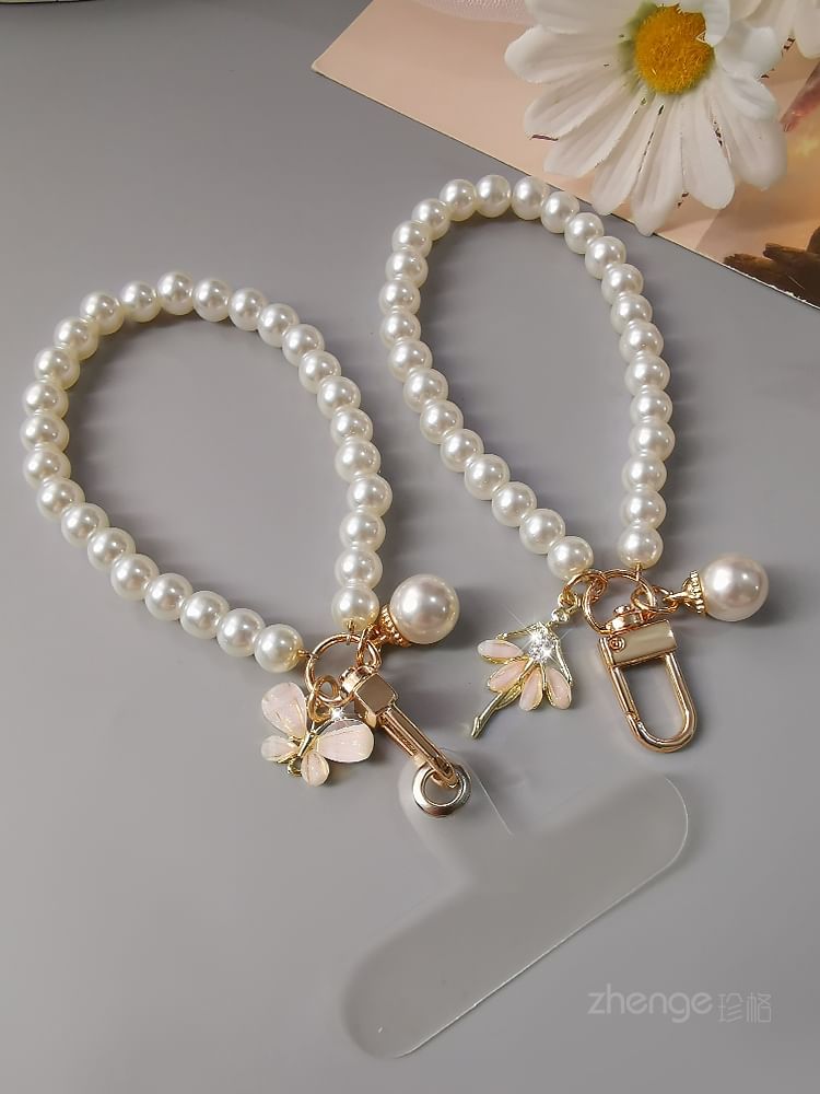 Faux Pearl Phone Strap with Lanyard Pad