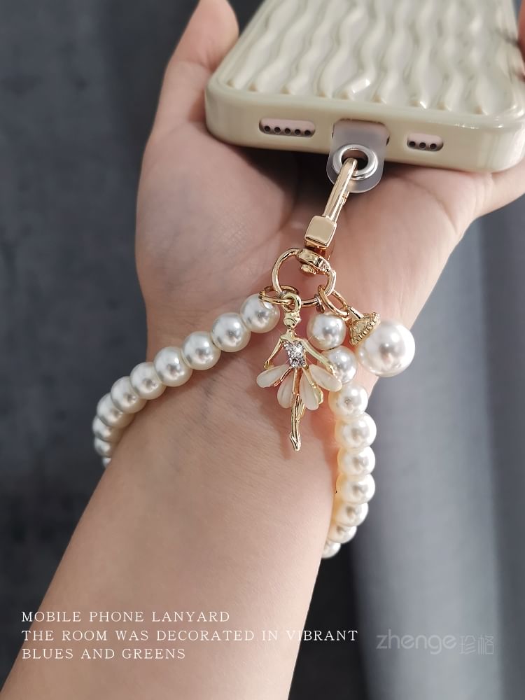 Faux Pearl Phone Strap with Lanyard Pad