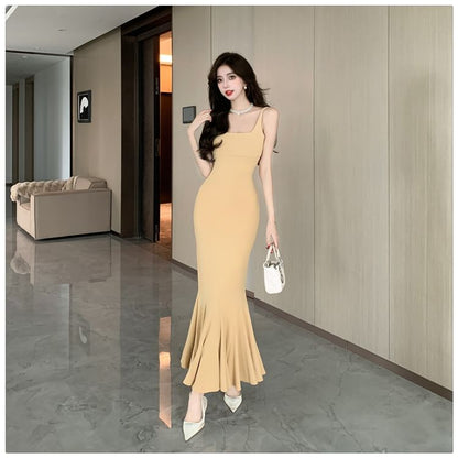 Sleeveless Square Neck Plain Open Back Maxi Mermaid Dress