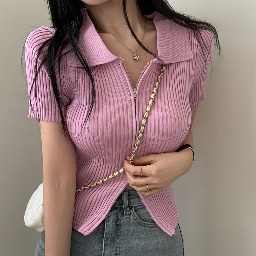 Short-Sleeve Collared Plain Zip Knit Top