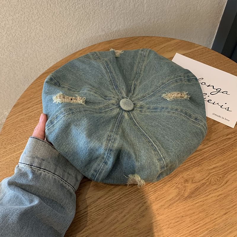 Denim Distressed Beret Hat