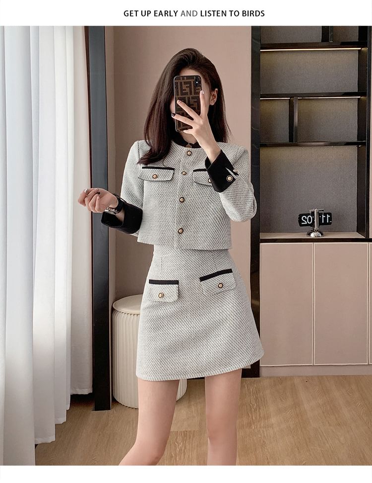 Set: Contrast Trim Crop Button Jacket + High Waist Mini A-Line Skirt