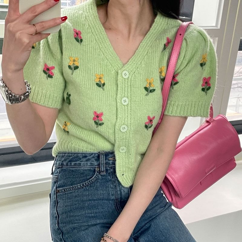 Short-Sleeve Floral Embroidered Button-Up Knit Top