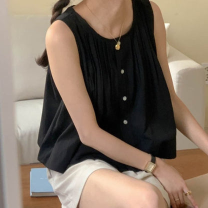 Sleeveless Plain Pintuck Button-Up Blouse