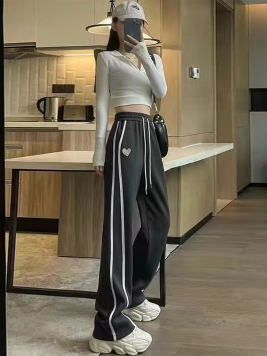 High Waist Heart Embroidered Striped Straight-Fit Wide-Leg Sweatpants