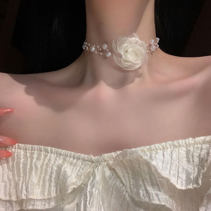 Faux Pearl Layered Choker / Floral Choker