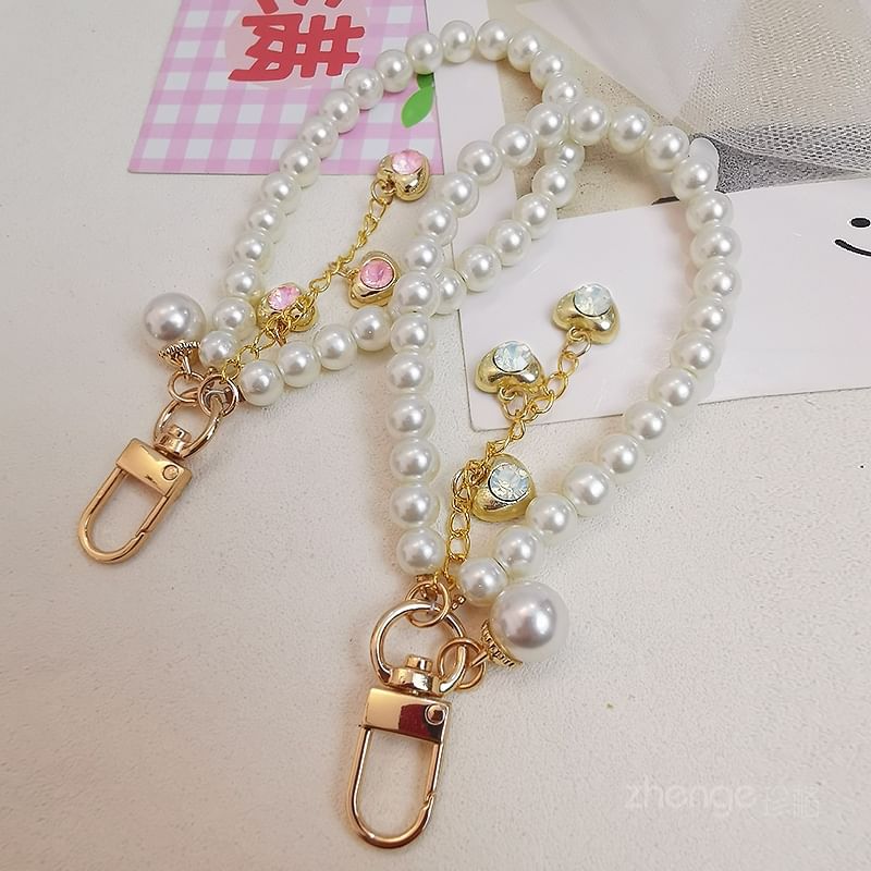 Heart Faux Pearl Phone Strap with Lanyard Pad