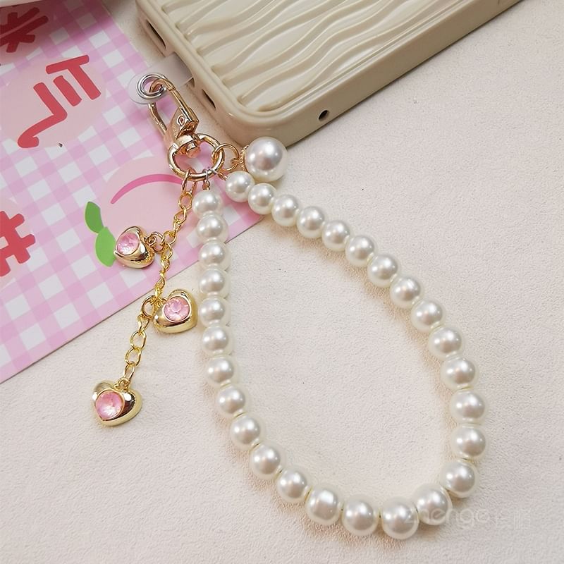 Heart Faux Pearl Phone Strap with Lanyard Pad