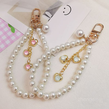 Heart Faux Pearl Phone Strap with Lanyard Pad