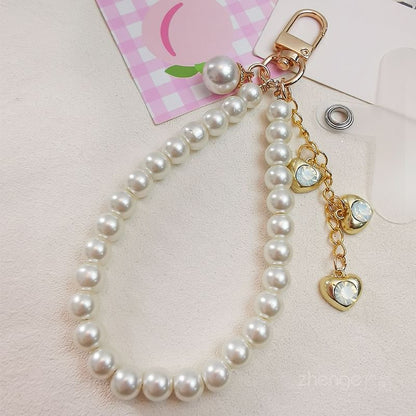 Heart Faux Pearl Phone Strap with Lanyard Pad