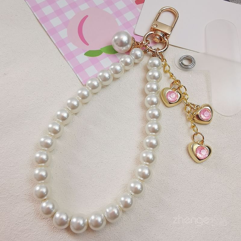 Heart Faux Pearl Phone Strap with Lanyard Pad