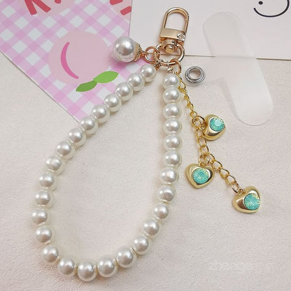 Heart Faux Pearl Phone Strap with Lanyard Pad