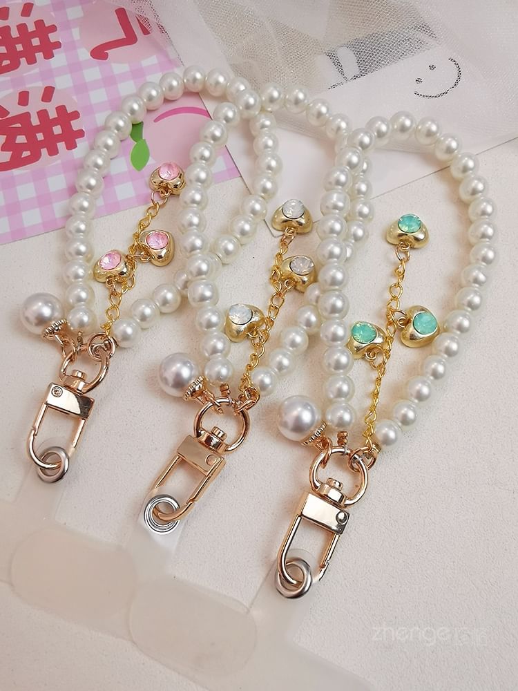 Heart Faux Pearl Phone Strap with Lanyard Pad