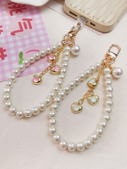 Heart Faux Pearl Phone Strap with Lanyard Pad