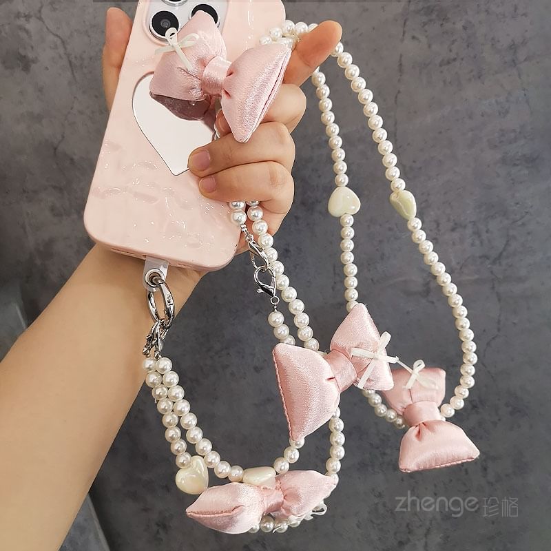 Bow Faux Pearl Phone Lanyard with Lanyard Pad