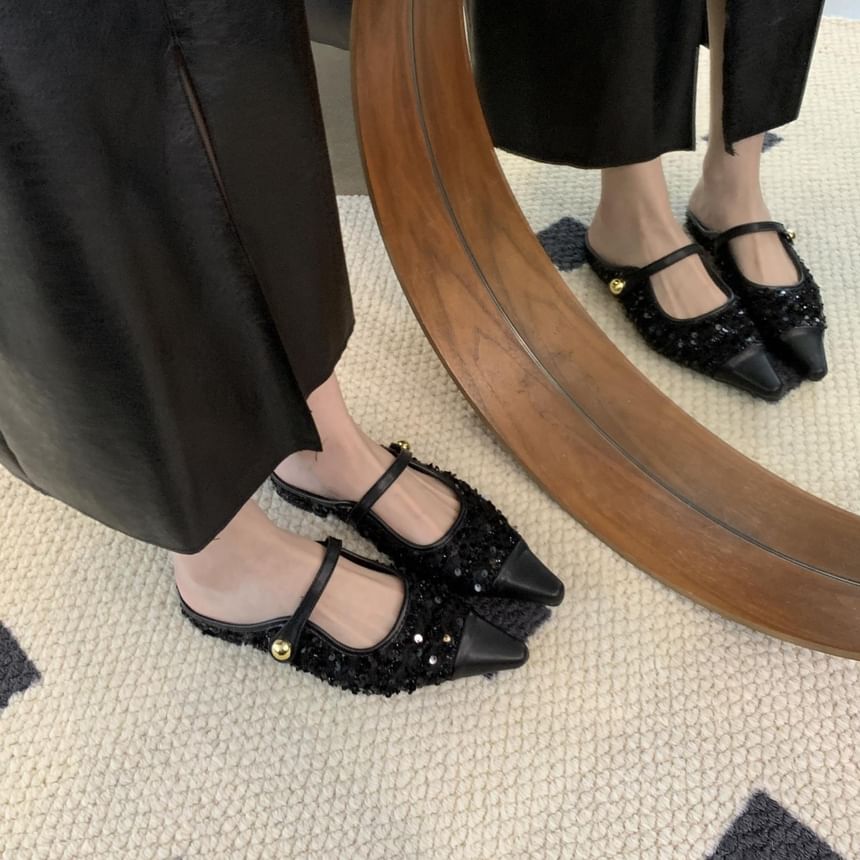 Pointed Toe Sequin Low Heel Mary Jane Mules