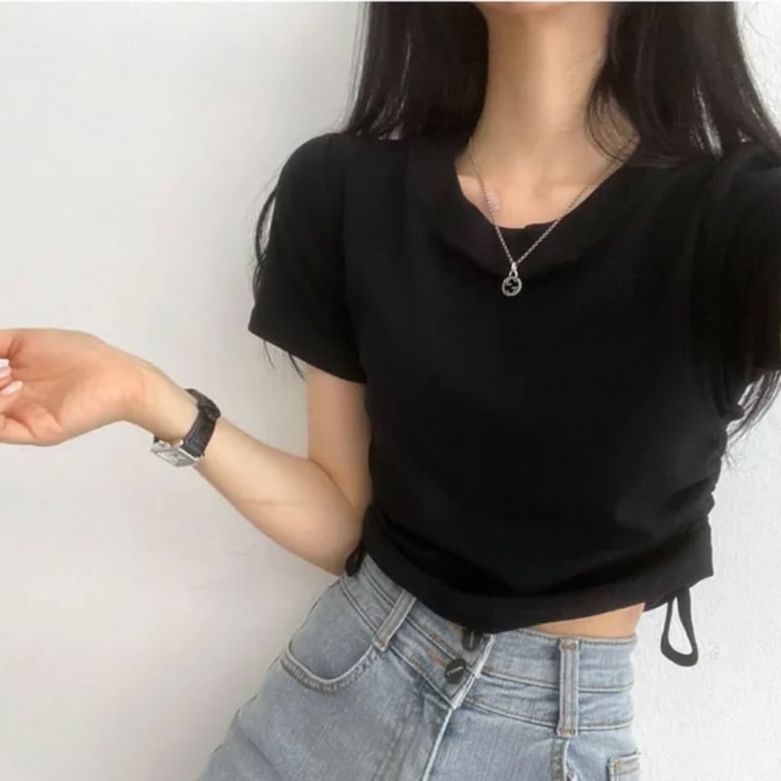 Short-Sleeve Round Neck Plain Drawstring Crop T-Shirt