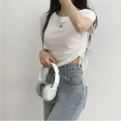 Short-Sleeve Round Neck Plain Drawstring Crop T-Shirt