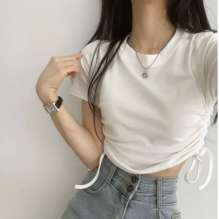 Short-Sleeve Round Neck Plain Drawstring Crop T-Shirt