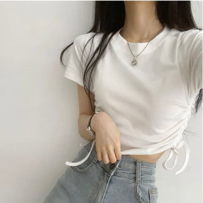 Short-Sleeve Round Neck Plain Drawstring Crop T-Shirt