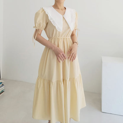 Short-Sleeve Contrast Collar Frill Trim Midi A-Line Dress