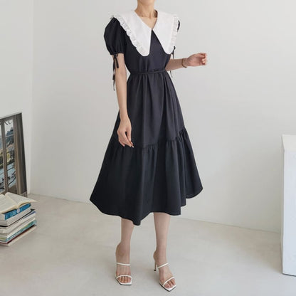 Short-Sleeve Contrast Collar Frill Trim Midi A-Line Dress