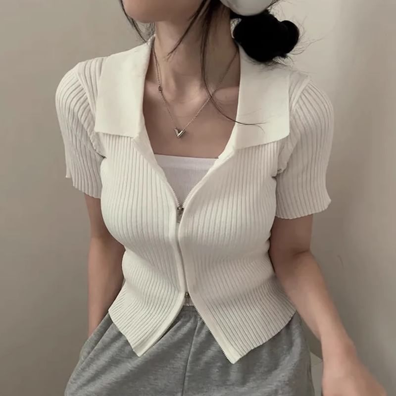 Short-Sleeve Collar Plain Ribbed Zip Knit Top