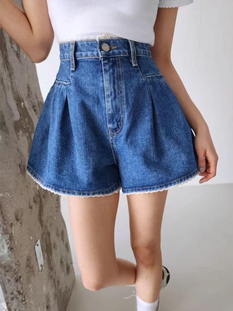 High Waist Lace Trim Washed Denim Shorts