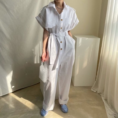 Short-Sleeve Collar Plain Button Wide Leg Jumpsuit