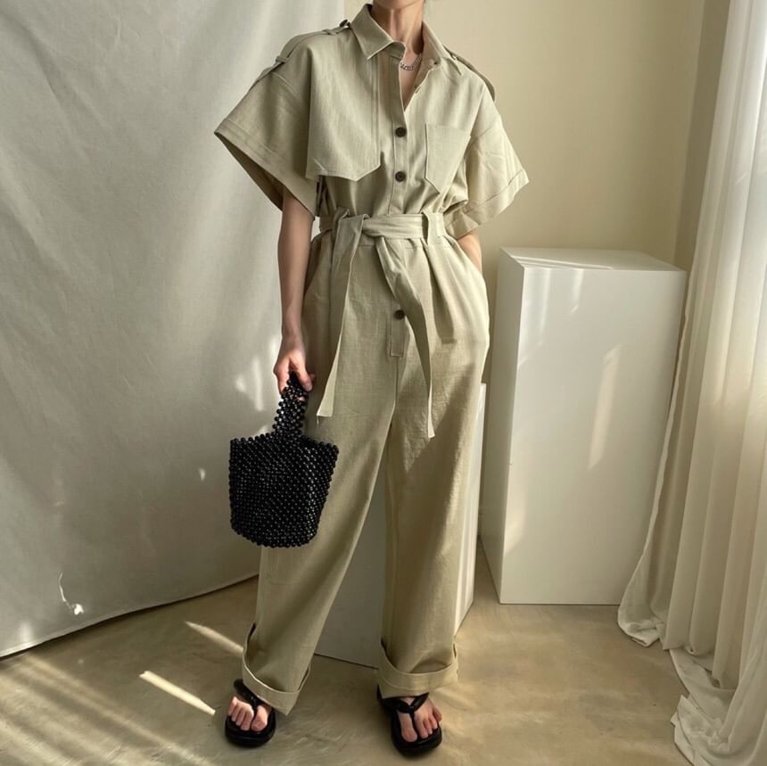 Short-Sleeve Collar Plain Button Wide Leg Jumpsuit