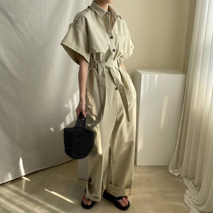 Short-Sleeve Collar Plain Button Wide Leg Jumpsuit