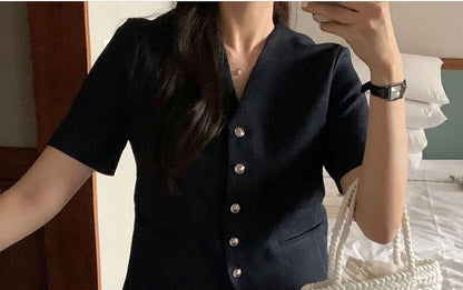 Short-Sleeve V-Neck Plain Button Jacket