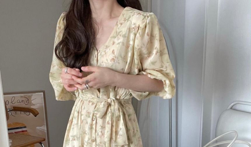 3/4-Sleeve V-Neck Floral Button Midi A-Line Dress