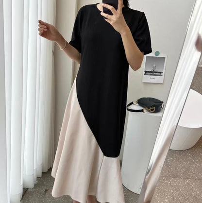 Short-Sleeve Crew Neck Two Tone Midi A-Line Dress