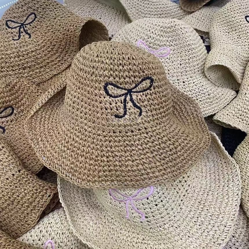 Bow Embroidered Straw Hat