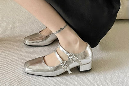 Square Toe Rhinestone Buckle Mary Jane Pumps