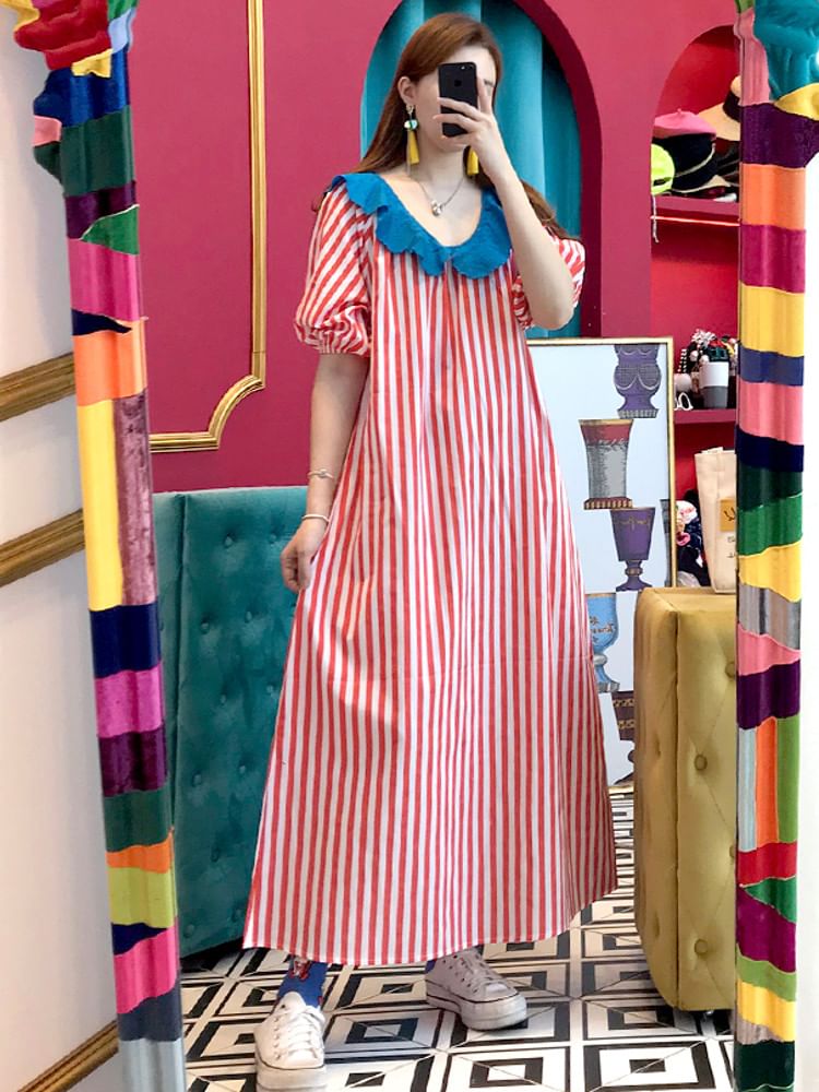 Short-Sleeve Ruffle Striped Maxi A-Line Dress