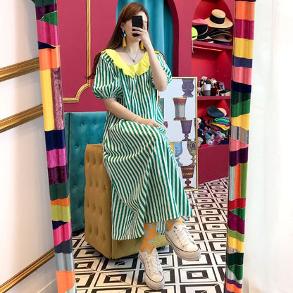 Short-Sleeve Ruffle Striped Maxi A-Line Dress