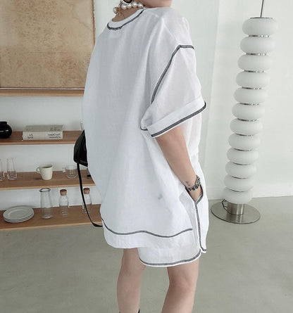 Set: Elbow-Sleeve Crewneck Plain T-Shirt + Shorts