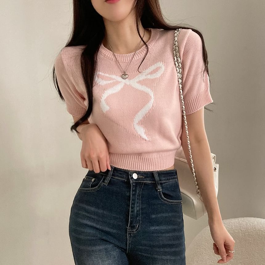 Short-Sleeve Crewneck Ribbon Jacquard Plain Knit Top