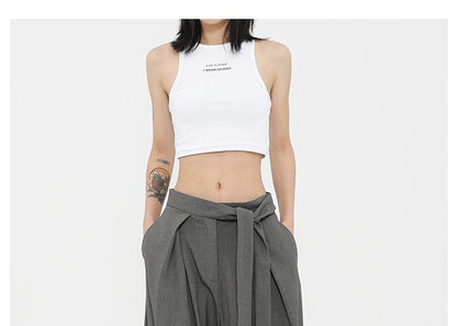 Low Rise Tie-Rise Plain Loose-Fit Wide-Leg Pants